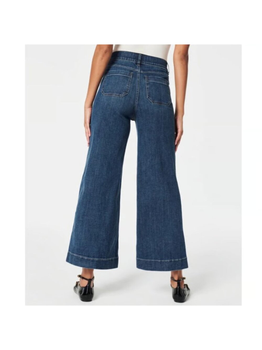 Spanx Everywhere Wide Leg Cropped Denim Patch Pockets Tummy Control Jeans XL - Picture 2 of 8